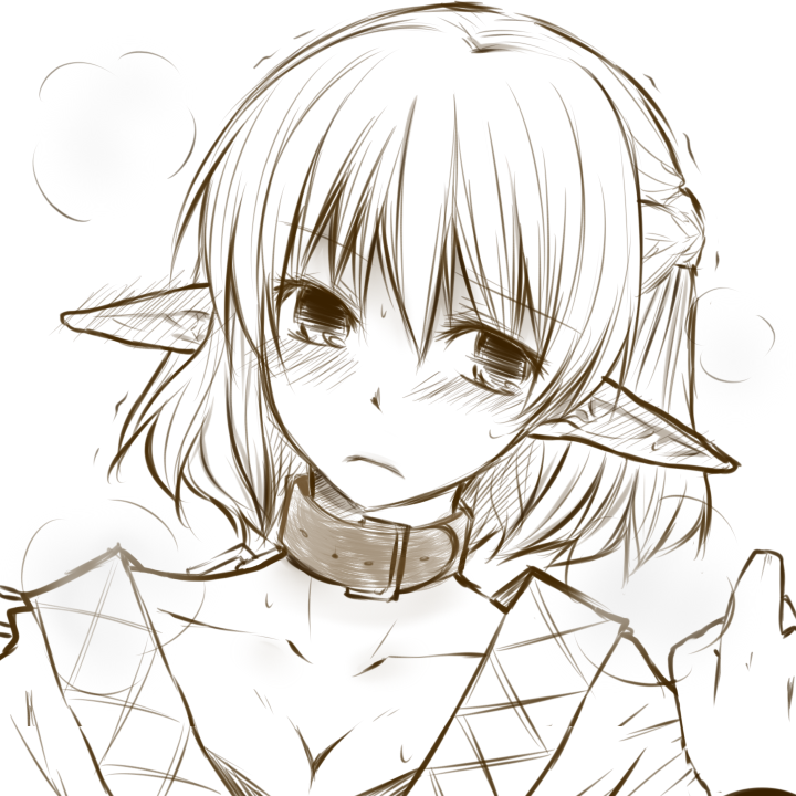 you at pome, mizuhashi parsee, touhou, 1girl, breasts, brown theme, cleavage, collar, female focus, half updo, monochrome, pointy ears, short hair, solo