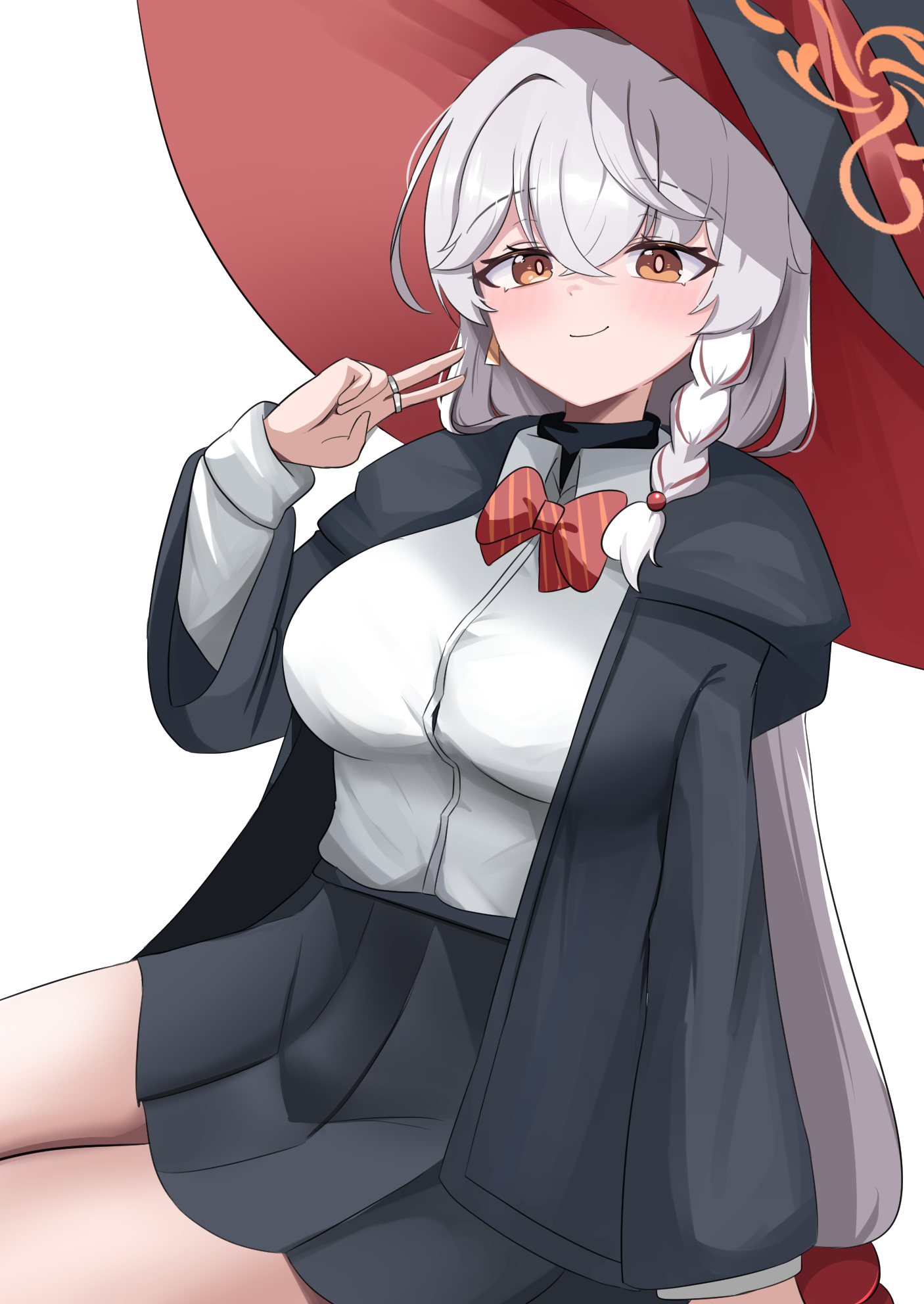 sabnak66, eri (blue archive), blue archive, highres, 1girl, black robe, black skirt, blush, bow, braid, closed mouth, collared shirt, hair between eyes, halo, hat, jewelry, long hair, long sleeves, looking at viewer, orange eyes, orange halo, red bow, ring, robe, shirt, side braid, simple background, skirt, smile, solo, striped bow, v, very long hair, white background, white hair, white shirt, wide sleeves, witch hat