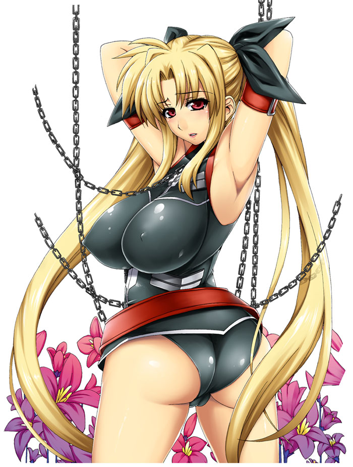 hotori (sion), fate testarossa, lyrical nanoha, mahou shoujo lyrical nanoha, mahou shoujo lyrical nanoha strikers, bad id, bad pixiv id, 00s, armband, armpits, arms behind head, arms up, ass, bad anatomy, belt, blonde hair, blush, breasts, chain, covered erect nipples, flower, hair ribbon, huge breasts, long hair, red eyes, ribbon, solo, twintails, very long hair