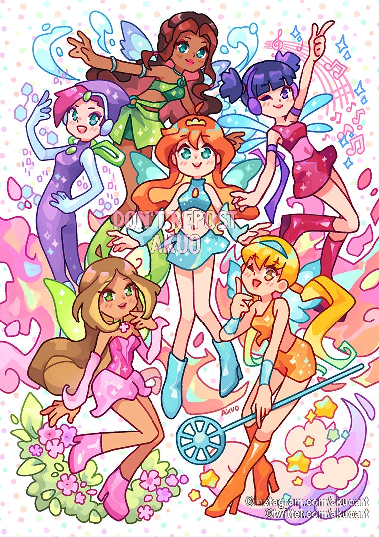 akuo, aisha (winx club), bloom (winx club), flora (winx club), musa (winx club), stella (winx club), tecna (winx club), winx club, 6+girls, ahoge, aqua eyes, aqua wings, arm bow, arm up, armlet, artist name, asymmetrical bangs, bare legs, bare shoulders, binary, blonde hair, blue arm warmers, blue boots, blue choker, blue gloves, blue hair, blue hairband, blue shirt, blue skirt, blue wings, blunt bangs, bodysuit, boots, bow, bracelet, brown hair, chest jewel, choker, closed mouth, cloud, colored inner hair, dark-skinned female, dark skin, detached ahoge, dress, elbow gloves, fairy, fairy wings, finger to cheek, floating, flower, flower dress, full body, gem, glitter, gloves, gold tiara, green boots, green gemstone, green shirt, green skirt, green wings, hair between eyes, hair tie, hair tubes, hairband, halter shirt, halterneck, hand on own cheek, hand on own face, hand on own hip, happy, headphones, high heel boots, high heels, holding, holding staff, hood, hood up, hooded bodysuit, instagram username, jewelry, knee boots, knees, leaning forward, leotard, leotard under clothes, lipstick, long hair, low twintails, makeup, mini tiara, miniskirt, multicolored hair, multiple girls, musical staff, navel, o-ring, one eye closed, open mouth, orange boots, orange hair, orange shirt, orange shorts, pink arm warmers, pink boots, pink dress, pink flower, pink hair, pink leotard, pink lips, platform boots, pointing, pointing up, polka dot, polka dot background, purple bodysuit, purple bow, purple eyes, red boots, red shirt, red skirt, shirt, short twintails, shorts, signature, single strap, skirt, skirt set, sleeveless, sleeveless bodysuit, smile, staff, star (symbol), stomach, strapless, strapless dress, streaked hair, tareme, teeth, tiara, treble clef, turtleneck, turtleneck shirt, twintails, twitter username, upper teeth only, very long hair, water, watermark, wavy hair, white background, wings