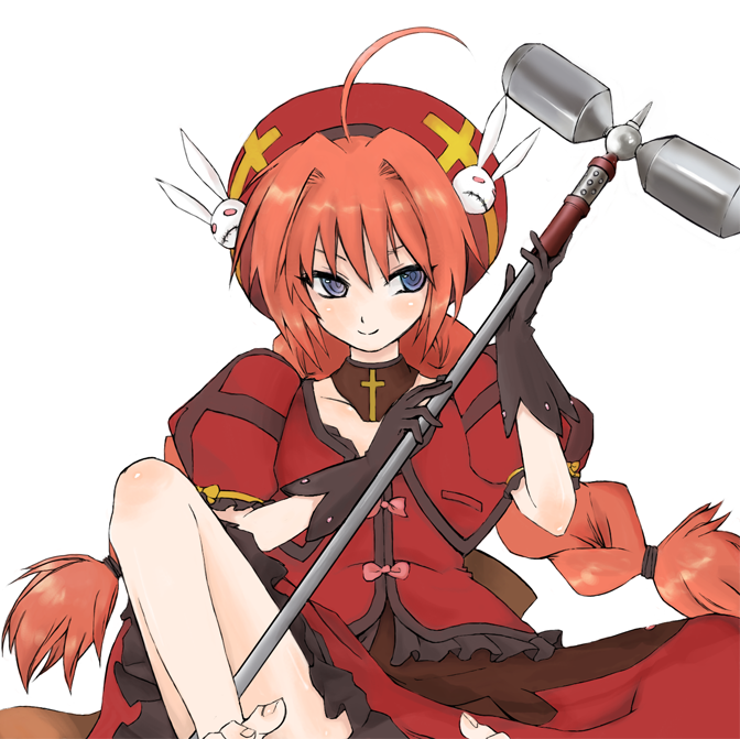 monorino, graf eisen, vita (nanoha), lyrical nanoha, mahou shoujo lyrical nanoha, mahou shoujo lyrical nanoha a's, bad id, bad pixiv id, 00s, 1girl, ahoge, barefoot, blue eyes, blush, braid, dress, feet, female focus, gloves, hat, long hair, red hair, solo, toes, twin braids