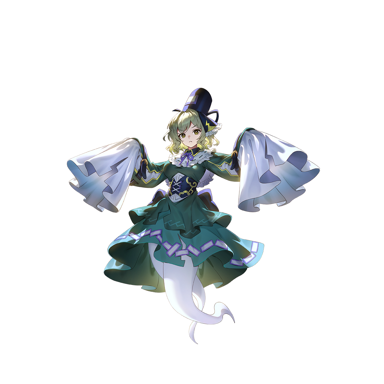 u u zan, soga no tojiko, touhou, touhou gensou eclipse, game cg, highres, non-web source, official art, second-party source, 1girl, adapted costume, breasts, dress, frown, full body, ghost tail, green dress, green eyes, green hair, hat, japanese clothes, kariginu, lightning bolt symbol, long sleeves, looking at viewer, neck ribbon, ofuda, ofuda on clothes, purple ribbon, ribbon, sleeves past fingers, sleeves past wrists, solo, tate eboshi, transparent background, wide sleeves