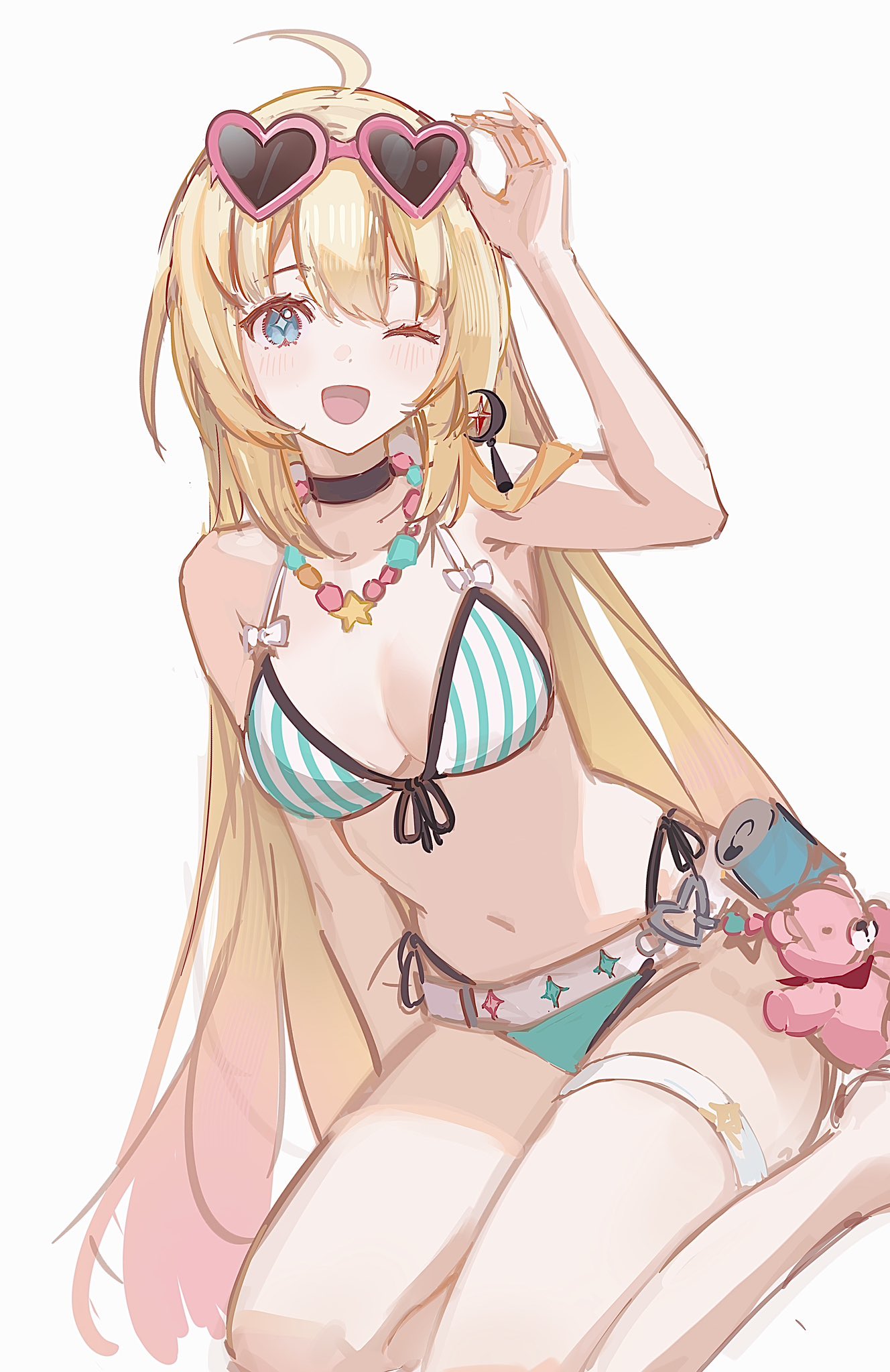 soybean (hisoybean), noya (stella sora), stella sora, highres, 1girl, adjusting eyewear, ahoge, armpit crease, bare legs, bare shoulders, belt, bikini, black choker, blonde hair, blue eyes, breasts, choker, cleavage, front-tie bikini top, front-tie top, hand on eyewear, hand up, heart, heart-shaped eyewear, highleg, highleg bikini, large breasts, long hair, looking at viewer, navel, noya (lingering sunlight) (stella sora), one eye closed, open mouth, side-tie bikini bottom, simple background, smile, solo, stomach, string bikini, striped bikini, striped clothes, sunglasses, swimsuit, thigh strap, thighs, very long hair, white background