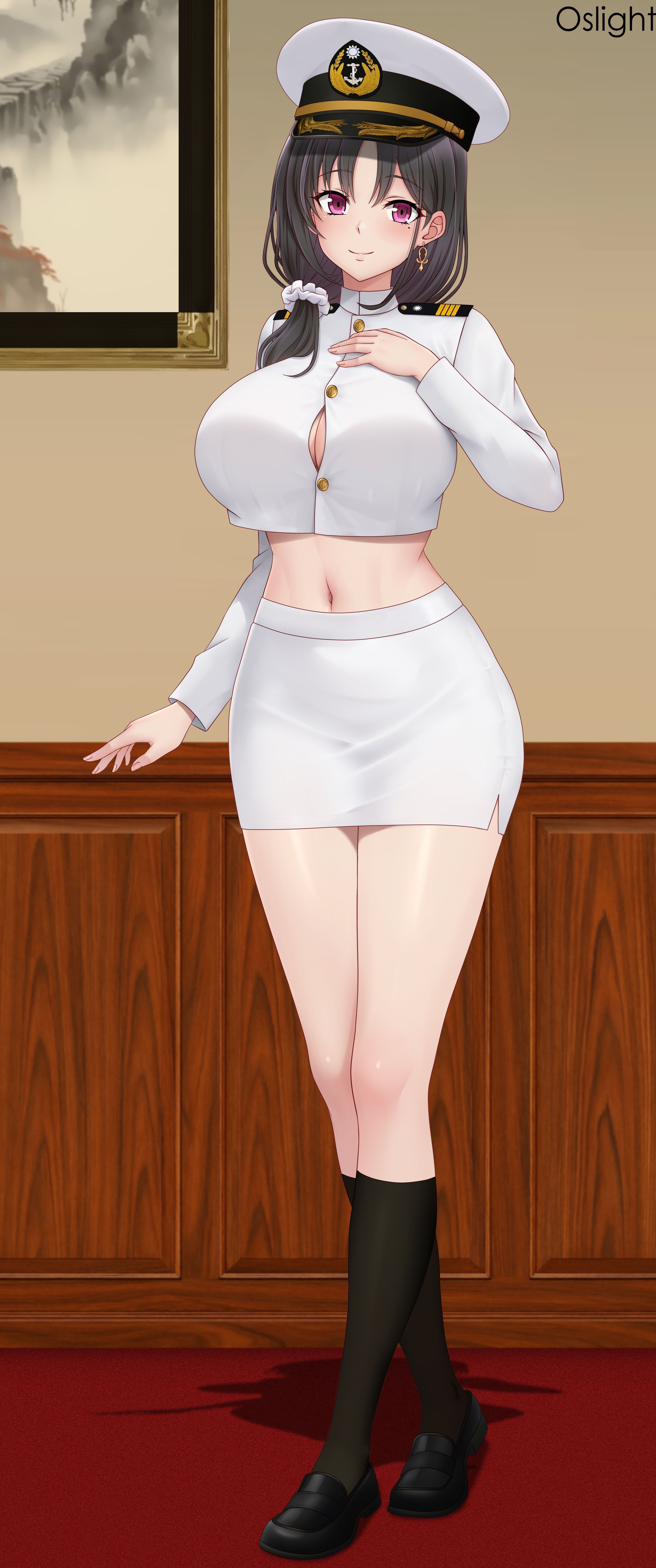 oslight, ting an (azur lane), azur lane, absurdres, commission, highres, variant set, 1girl, artist name, black hair, black shoes, black socks, breasts, button gap, cropped shirt, crossed legs, hair ornament, hair scrunchie, hand on own chest, hat, large breasts, loafers, long hair, long sleeves, looking at viewer, mole, mole under eye, navel, painting (object), peaked cap, scrunchie, shirt, shoes, skirt, smile, socks, solo, standing, taut clothes, taut shirt, thighs, watson cross, white hat, white scrunchie, white shirt, white skirt