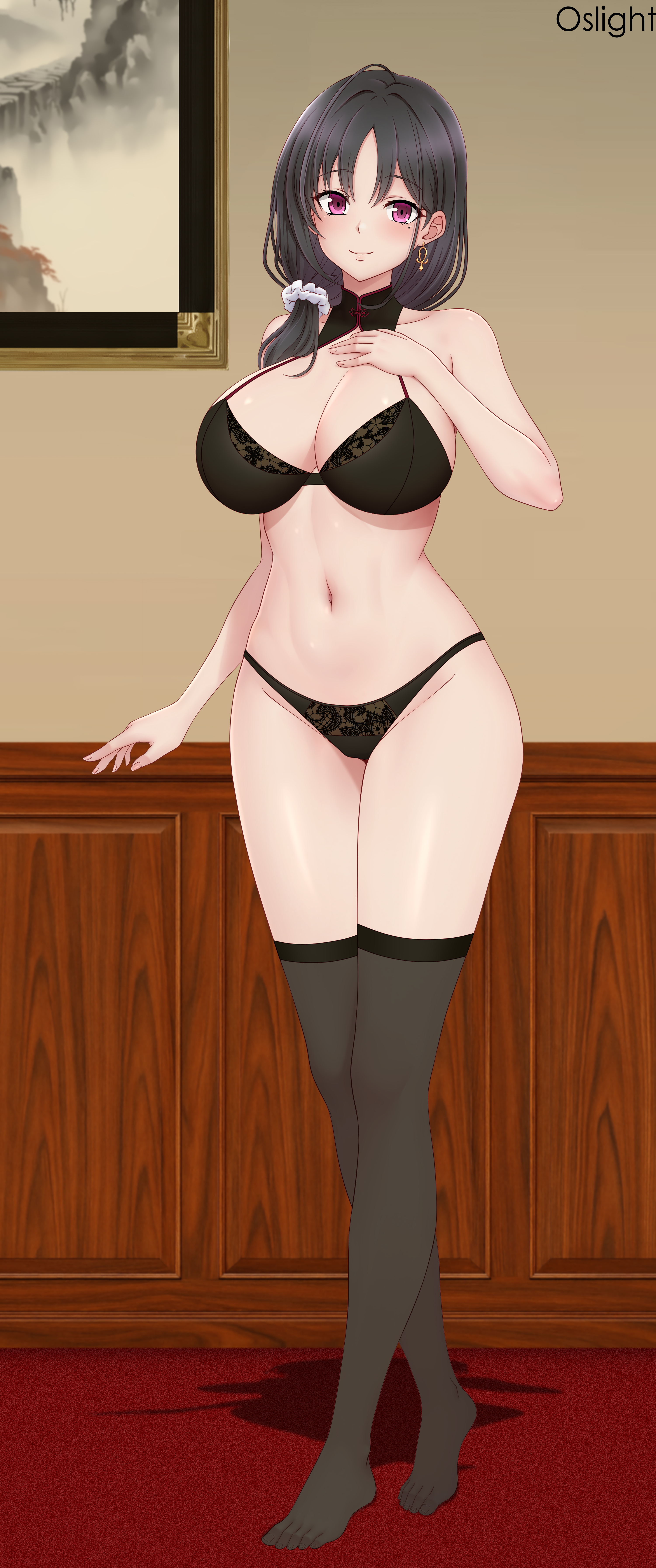 oslight, ting an (azur lane), azur lane, absurdres, commission, highres, variant set, 1girl, artist name, black bra, black hair, black panties, black thighhighs, bra, breasts, crossed legs, hair ornament, hair scrunchie, hand on own chest, large breasts, long hair, looking at viewer, mole, mole under eye, navel, painting (object), panties, scrunchie, see-through clothes, see-through legwear, smile, solo, standing, thighhighs, thighs, underwear, watson cross, white scrunchie