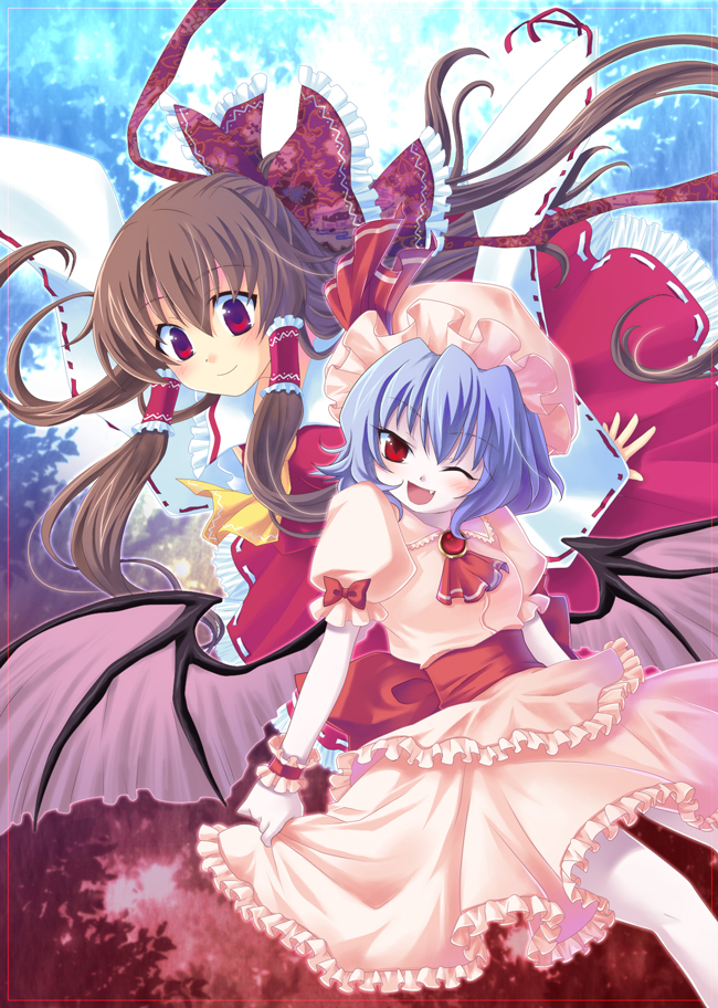 soukuu kizuna, hakurei reimu, remilia scarlet, touhou, 2girls, bat wings, blue hair, brown hair, dress, fang, female focus, frills, hat, japanese clothes, long hair, miko, mob cap, multiple girls, one eye closed, red eyes, ribbon, short hair, smile, wings, wink
