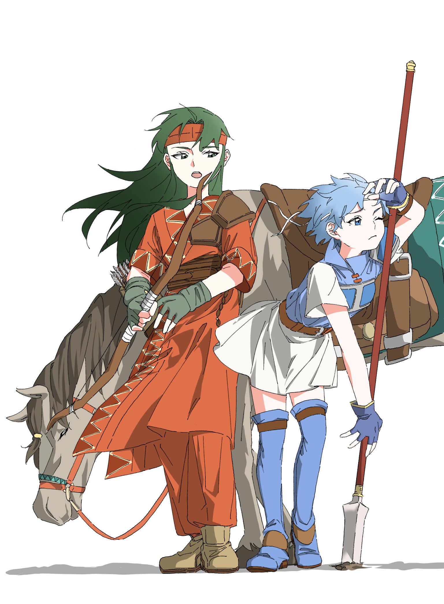 jihh7033p, shanna (fire emblem), sue (fire emblem), fire emblem, fire emblem: the binding blade, nintendo, highres, 1other, 2girls, blue eyes, blue hair, bow (weapon), closed mouth, fingerless gloves, gloves, green eyes, green hair, hairband, holding, holding bow (weapon), holding polearm, holding weapon, horse, long hair, multiple girls, orange hairband, polearm, saddle, short hair, weapon