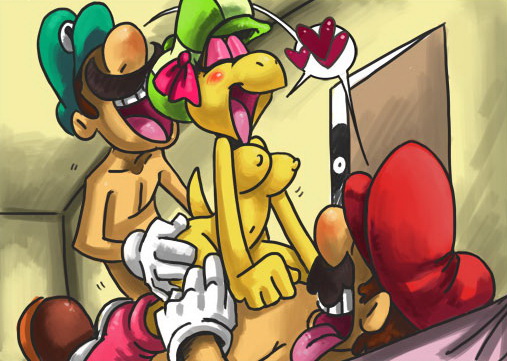 koopa, koopa troopa, kylie koopa, luigi, mario, nintendo, super mario bros. 1, cap, anal, breasts, double penetration, facial hair, girl on top, happy sex, heart, interspecies, mustache, nipples, peeking, sex, spoken heart, tongue, vaginal