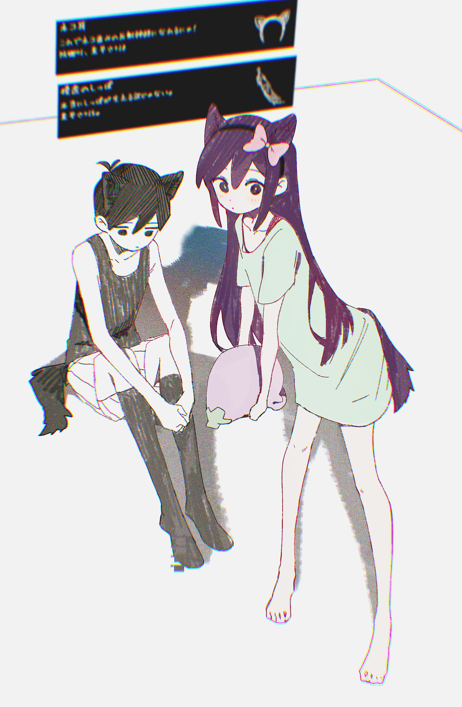 kurobeko (kur0bek0), aubrey (headspace) (omori), aubrey (omori), mr. plantegg (omori), omori (omori), omori, absurdres, highres, translation request, 1boy, 1girl, antenna hair, barefoot, black hair, bow, closed mouth, glitch, hair between eyes, hair bow, holding, kneehighs, long hair, shadow, shirt, short sleeves, shorts, sitting, socks, standing, stuffed eggplant, tail, tank top