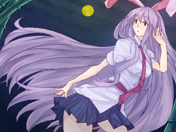 amami amayu, reisen udongein inaba, touhou, bad id, bad pixiv id, 1girl, animal ears, bamboo, dutch angle, female focus, full moon, long hair, miniskirt, moon, necktie, night, oekaki, outdoors, pleated skirt, purple hair, rabbit ears, red eyes, skirt, sky, solo, star (sky), starry sky, very long hair
