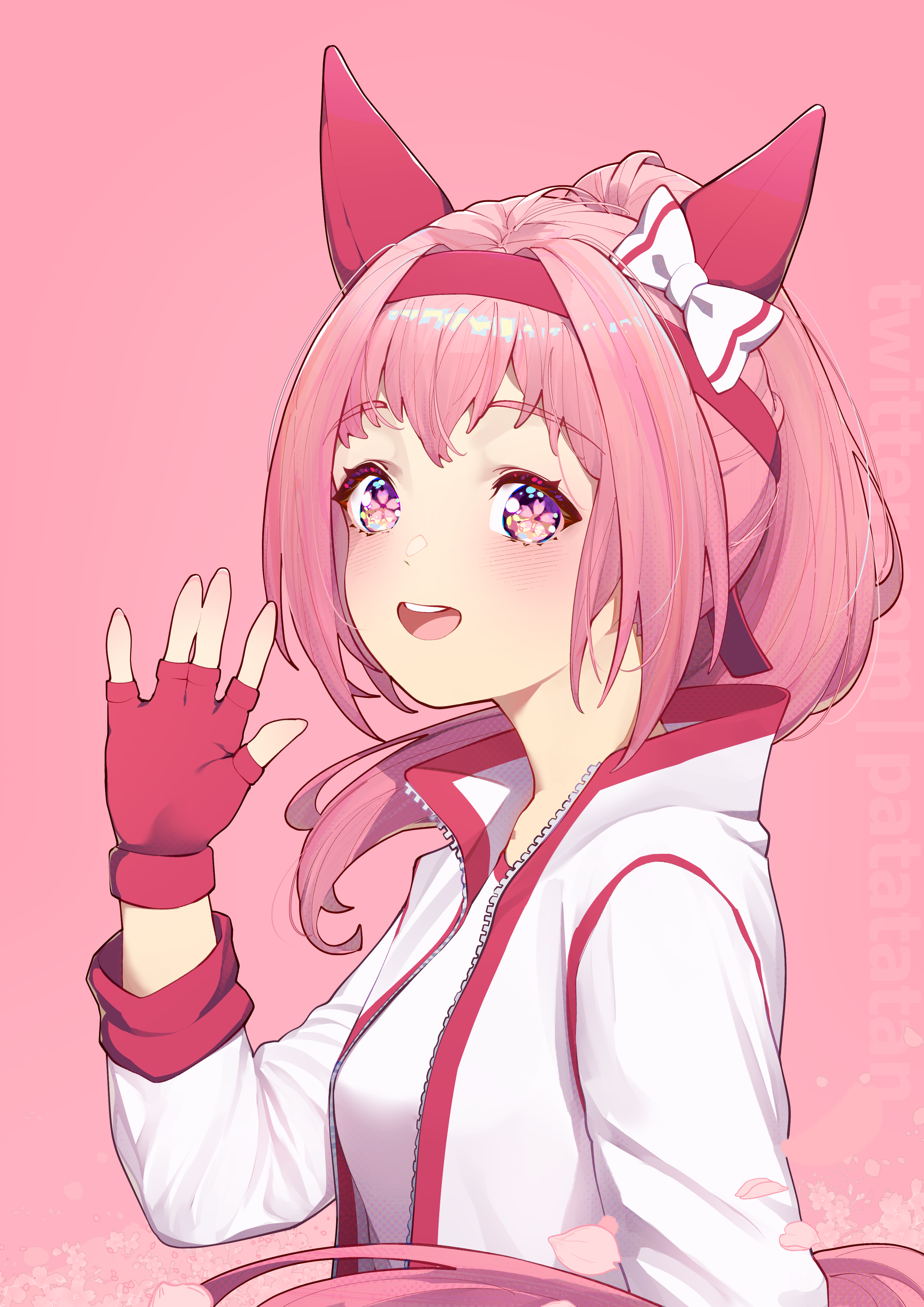 patatatan, haru urara (bestest prize) (umamusume), haru urara (umamusume), umamusume, absurdres, highres, 1girl, animal ears, blush, bow, breasts, ear bow, ear covers, fingerless gloves, flower, flower-shaped pupils, flower in eye, gloves, hairband, headband, horse ears, horse girl, horse tail, jacket, long hair, looking at viewer, open mouth, petals, pink background, pink eyes, pink hair, pink headband, ponytail, red gloves, red headband, shirt, simple background, smile, solo, symbol-shaped pupils, symbol in eye, tail, teeth, tongue, upper body, upper teeth only, waving, white jacket, white shirt
