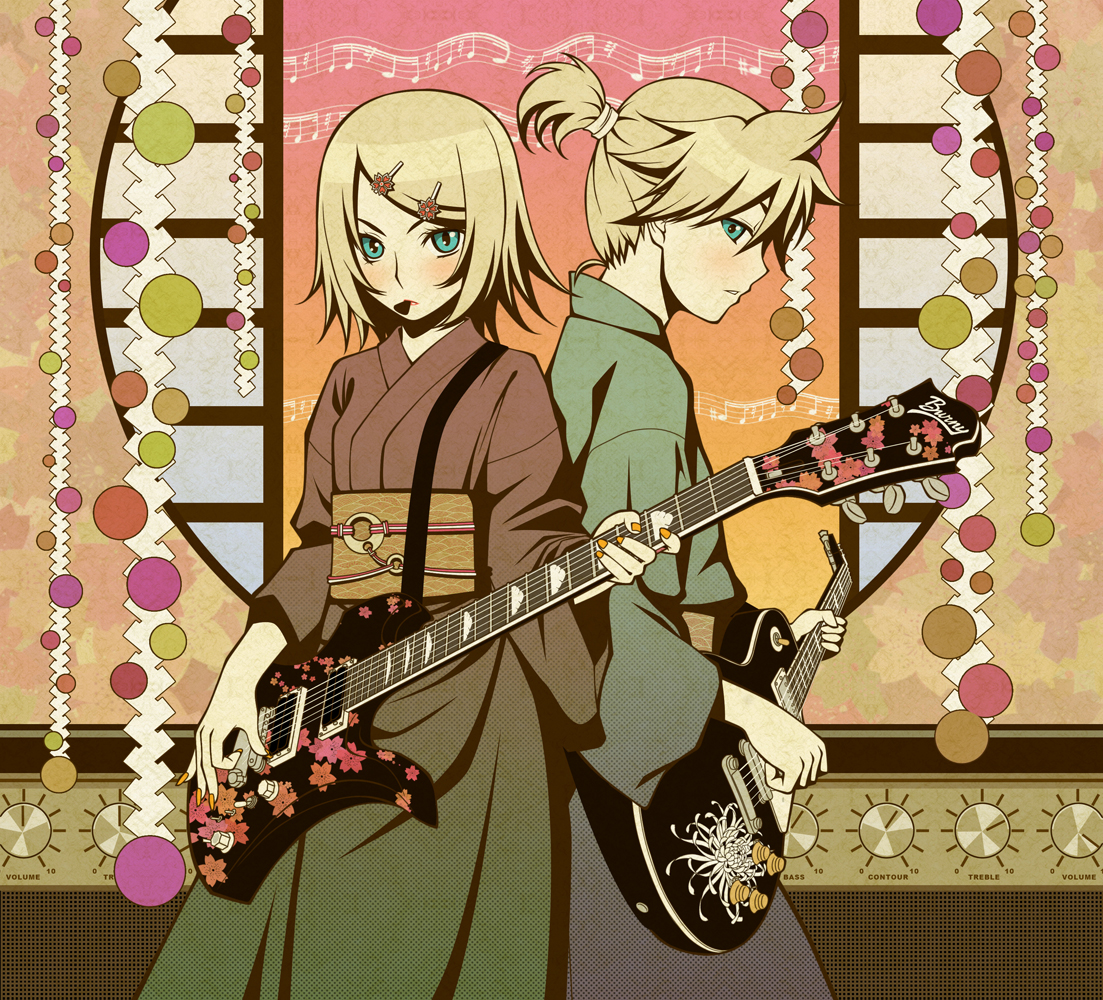 terumii, kagamine len, kagamine rin, gekokujou (vocaloid), vocaloid, 1boy, 1girl, aqua eyes, blonde hair, brother and sister, guitar, hair ornament, hairclip, instrument, japanese clothes, kimono, musical note, nail polish, orange nails, ponytail, profile, short hair, siblings, twins
