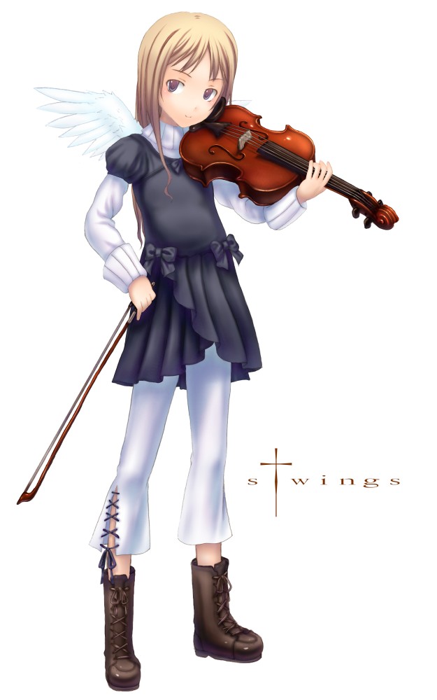sabamu, original, blonde hair, boots, bow, bow (music), brown eyes, dress, instrument, long hair, solo, sweater, viola (instrument), wings