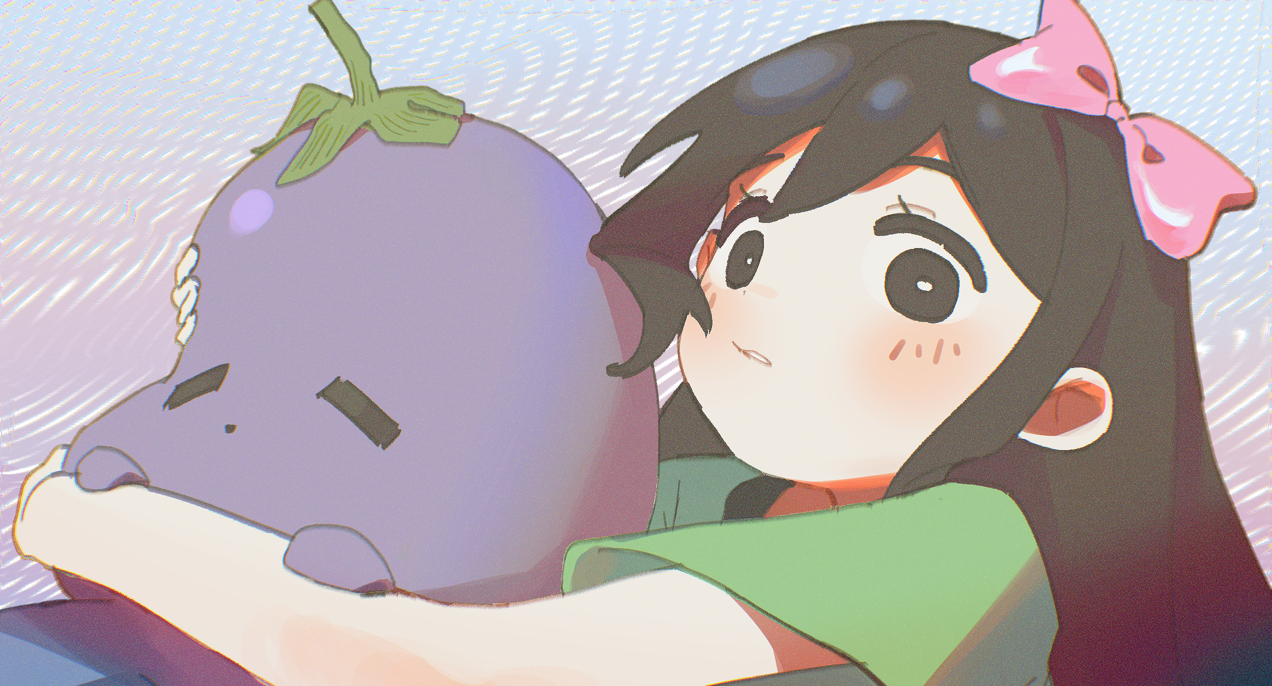 kurobeko (kur0bek0), aubrey (faraway) (omori), aubrey (omori), mr. plantegg (omori), omori, highres, 1girl, aged down, black eyes, black hair, blush, bow, green shirt, hair bow, holding, holding stuffed toy, long hair, looking at viewer, pink bow, shirt, simple background, solo, stuffed animal, stuffed eggplant, stuffed toy, upper body