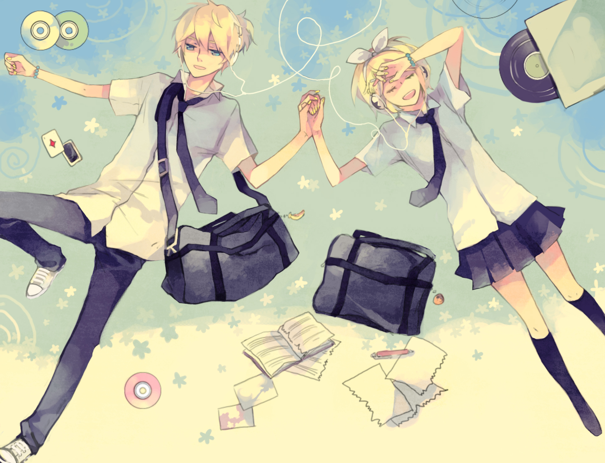 mig (36th underground), kagamine len, kagamine rin, vocaloid, bad id, bad pixiv id, highres, 1boy, 1girl, bag, black necktie, blonde hair, blue eyes, brother and sister, card, cd, floating card, hair ornament, hair ribbon, hairclip, headphones, hetero, holding hands, lying, nail polish, necktie, pen, ribbon, short hair, siblings, skirt, socks, twins, vinyl record