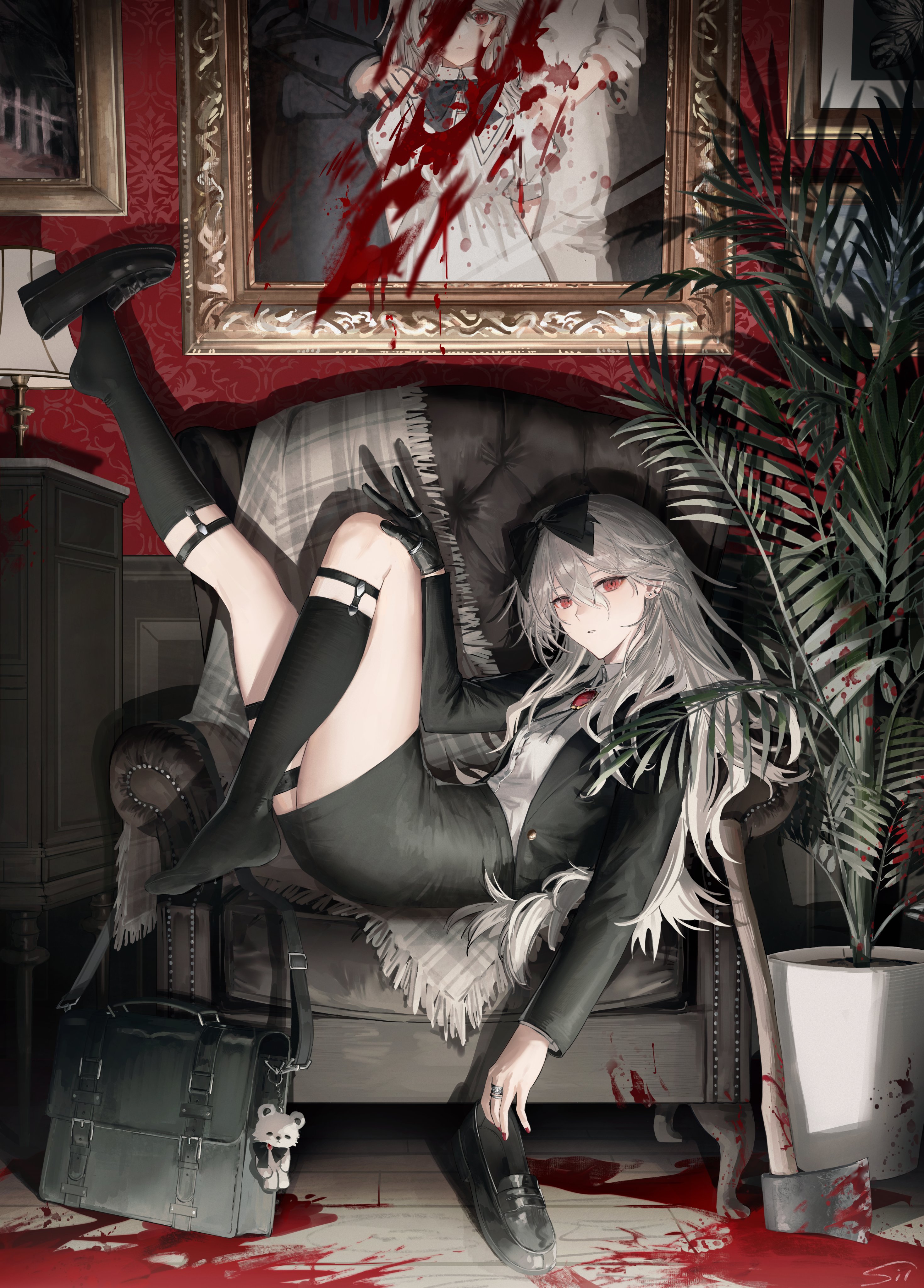 shiro (siro kuten), original, absurdres, highres, 1girl, black bow, black jacket, black shoes, black skirt, black socks, blood, blood splatter, blood stain, bow, breasts, briefcase, dress, hair bow, indoors, jacket, kneehighs, long hair, long sleeves, looking at viewer, mary janes, pencil skirt, plant, potted plant, red eyes, shoes, skirt, socks, solo, stuffed animal, stuffed toy