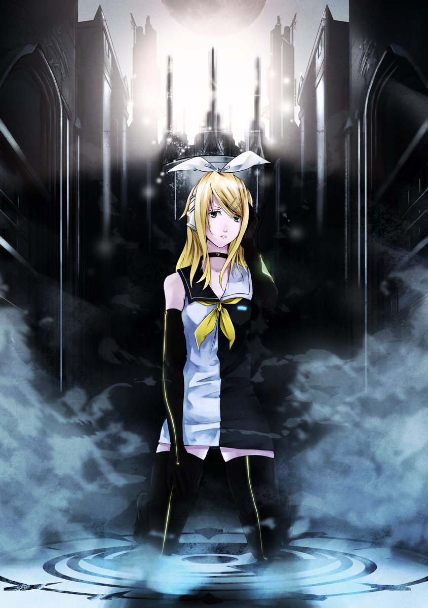 mille (dieci), mirre, kagamine rin, meltdown, roshin yuukai (vocaloid), vocaloid, highres, 1girl, aged up, blonde hair, blue eyes, boots, choker, city, dress, elbow gloves, female focus, fog, gloves, hair ornament, hair ribbon, hairclip, headphones, long hair, moon, ribbon, sailor dress, solo, thigh boots, thighhighs, zettai ryouiki