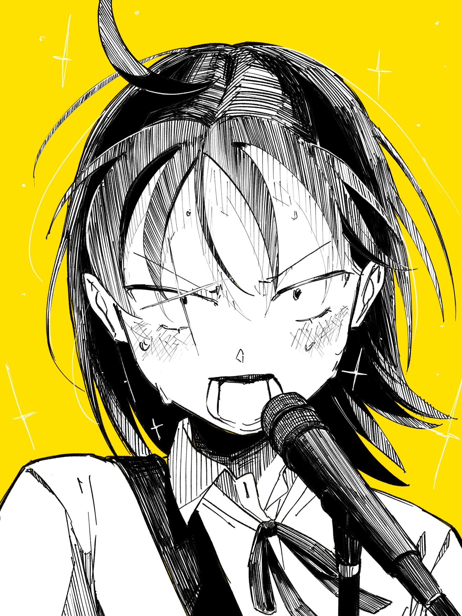 hatono chihiro, futsuu no keion-bu, small pupils, commentary request, highres, 1girl, ahoge, collared shirt, greyscale with colored background, guitar strap, ikihaji, microphone, microphone stand, neck ribbon, open mouth, portrait, ribbon, sanpaku, school uniform, shirt, short hair, simple background, solo, v-shaped eyebrows, yellow background