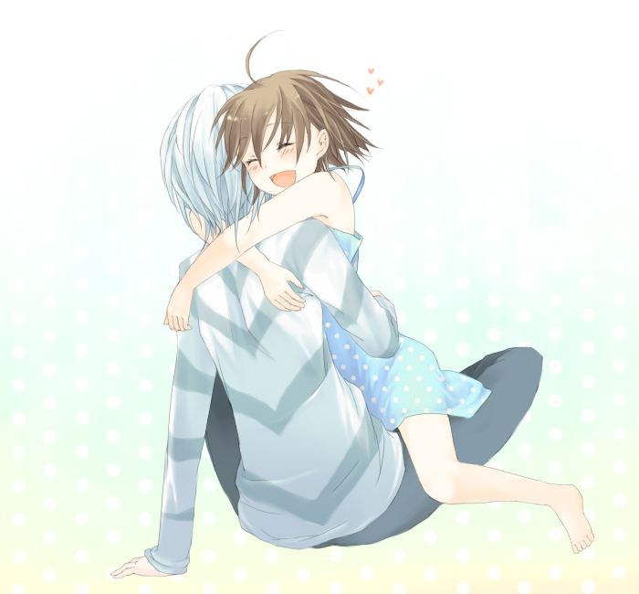 hinako12, accelerator (toaru majutsu no index), last order (toaru majutsu no index), toaru majutsu no index, toaru majutsu no index: old testament, 00s, 1boy, 1girl, ahoge, barefoot, blush, brown hair, closed eyes, dress, happy, heart, hetero, hug, polka dot, shirt, short hair, smile, striped clothes, striped shirt, white hair