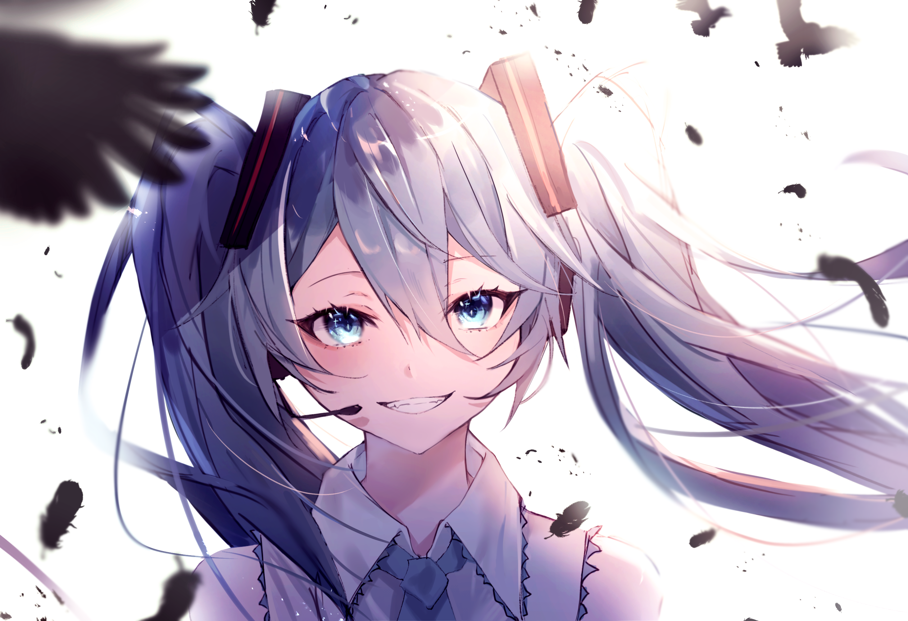cc.orange, hatsune miku, vocaloid, highres, 1girl, aqua eyes, aqua hair, collared shirt, hair between eyes, hair ornament, headset, long hair, shirt, sleeveless, sleeveless shirt, smile, solo, teeth, twintails, very long hair, white shirt