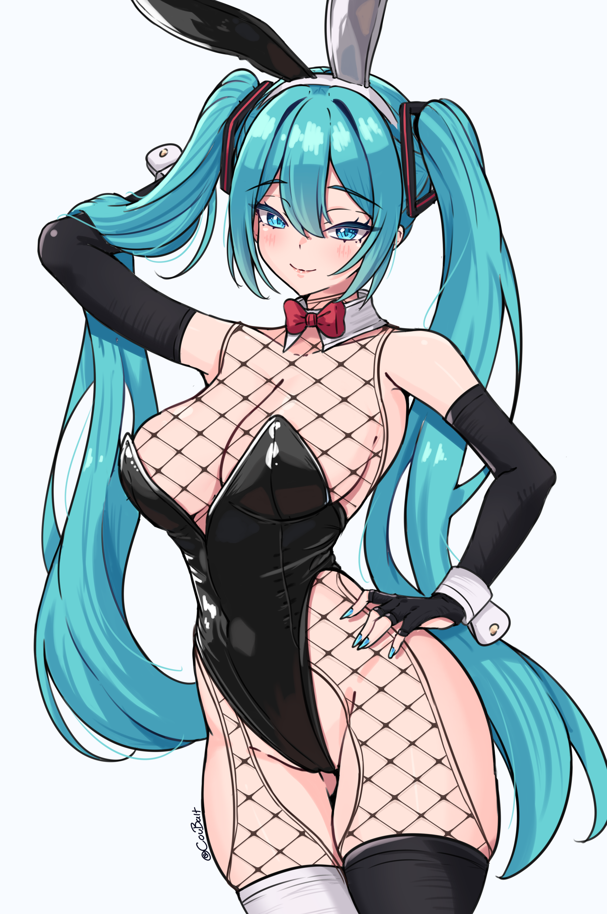 coubalty, hatsune miku, vocaloid, absurdres, commentary, english commentary, highres, 1girl, aqua eyes, aqua hair, aqua nails, arm up, black gloves, black leotard, black thighhighs, blush, bodystocking, bow, bowtie, breasts, covered navel, elbow gloves, fishnet bodystocking, fishnets, gloves, large breasts, leotard, long hair, looking at viewer, playboy bunny, red bow, red bowtie, simple background, smile, solo, thighhighs, traditional bowtie, twintails, white background, white thighhighs, wrist cuffs
