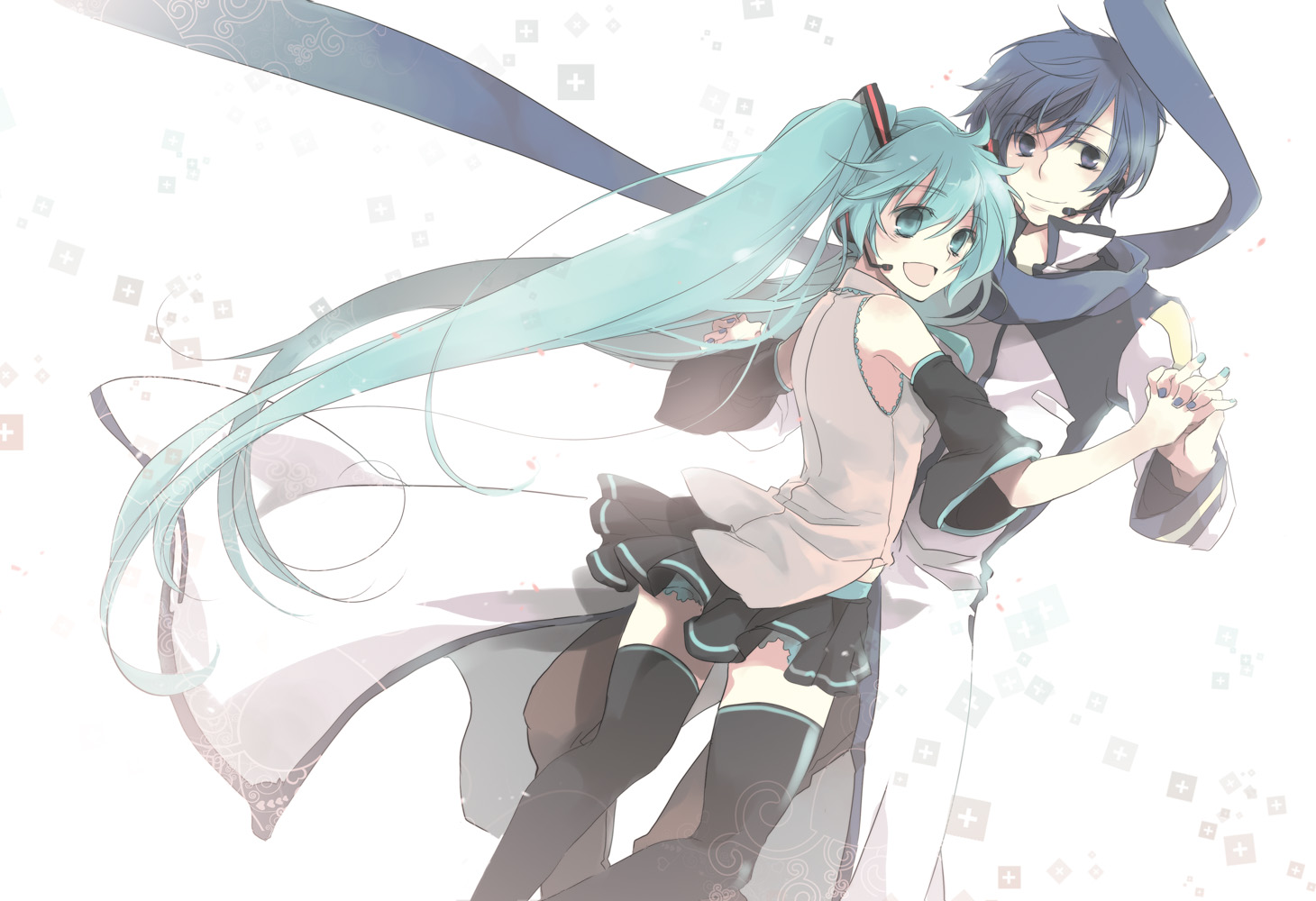 jonejung, hatsune miku, kaito (vocaloid), vocaloid, bad id, bad pixiv id, 1boy, 1girl, aqua eyes, aqua hair, blue eyes, blue hair, blue scarf, headphones, hetero, holding hands, long hair, microphone, scarf, skirt, smile, thighhighs, twintails, zettai ryouiki