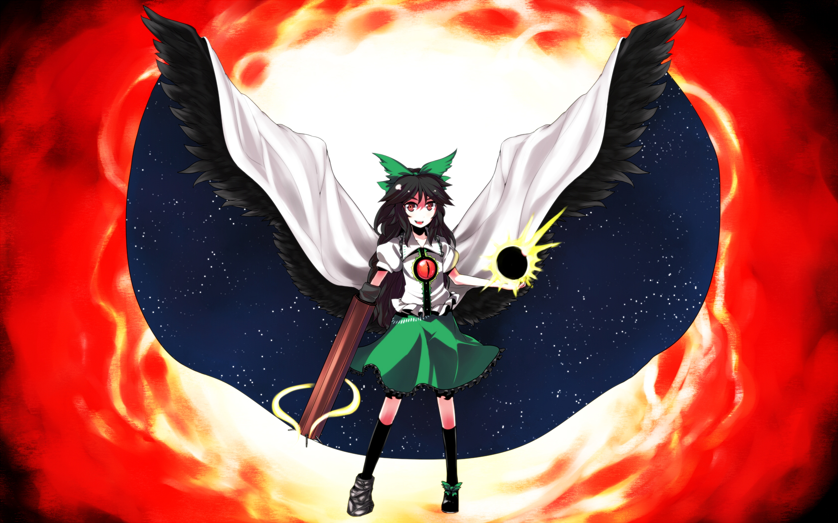 hitsuji bako, reiuji utsuho, touhou, highres, 1girl, black hair, black wings, cape, female focus, hair ribbon, long hair, red eyes, ribbon, solo, wings