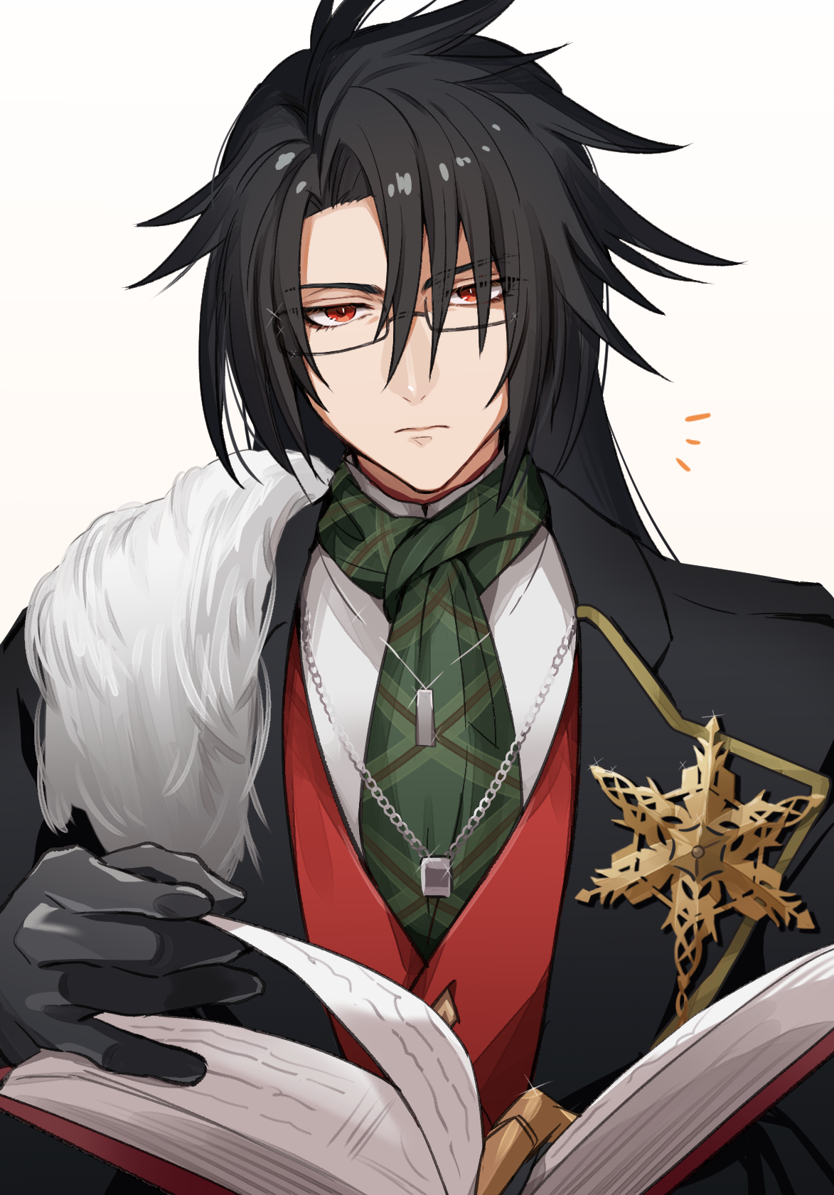 az (pixiv 108058292), vincent valentine, final fantasy, final fantasy vii, final fantasy vii ever crisis, commentary request, highres, 1boy, ascot, black coat, black gloves, black hair, book, chain, chain necklace, closed eyes, coat, collared shirt, gauntlets, glasses, gloves, gold trim, gradient background, green ascot, hair between eyes, holding, holding book, jewelry, long hair, looking at viewer, male focus, multiple necklaces, necklace, notice lines, official alternate costume, red eyes, red vest, shirt, simple background, single gauntlet, single glove, solo, upper body, vest, vincent valentine (holiday formal wear), white fur, white shirt