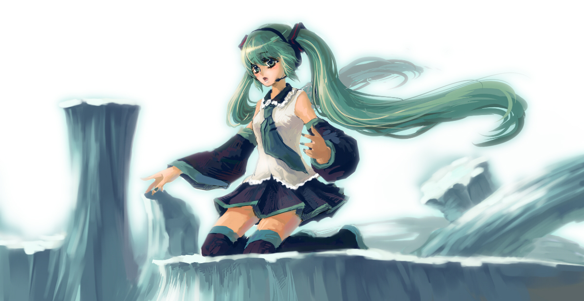 silverwing, hatsune miku, vocaloid, bad id, bad pixiv id, detached sleeves, green eyes, green hair, headphones, ice, kneeling, long hair, microphone, necktie, skirt, thighhighs, twintails