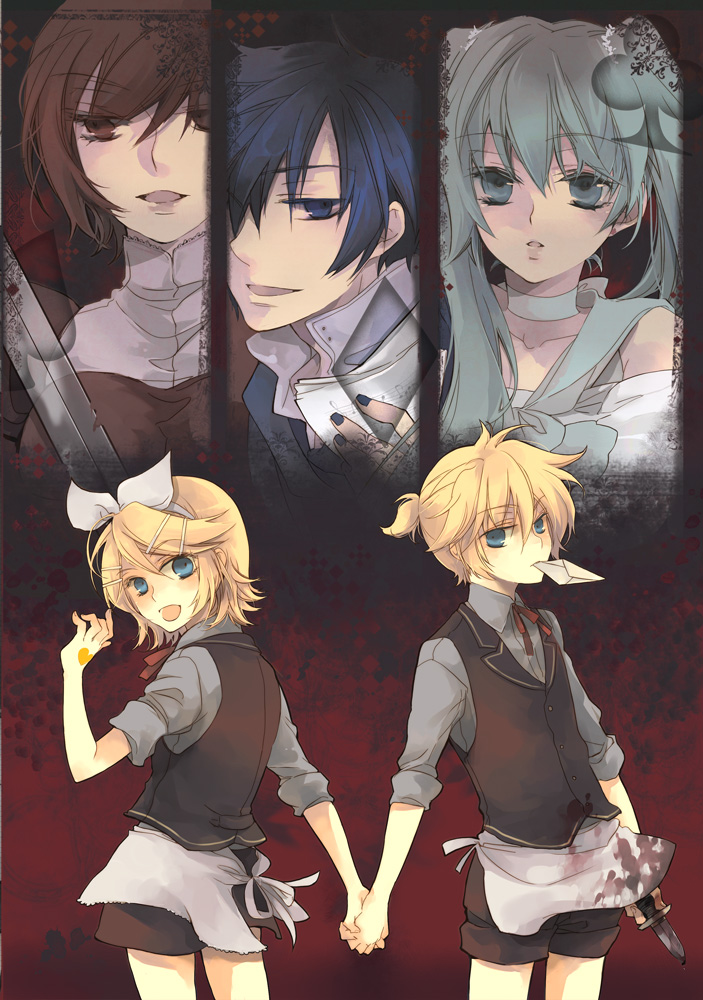 jonejung, hatsune miku, kagamine len, kagamine rin, kaito (vocaloid), meiko (vocaloid), hitobashira alice (vocaloid), vocaloid, bad id, bad pixiv id, 2boys, 3girls, alice human sacrifice, aqua eyes, beamed quavers, blonde hair, blood, blue eyes, blue hair, green eyes, green hair, hair ornament, hair ribbon, hairclip, holding hands, knife, letter, multiple boys, multiple girls, musical note, ribbon, sheet music, short hair, shorts, smile, sword, weapon
