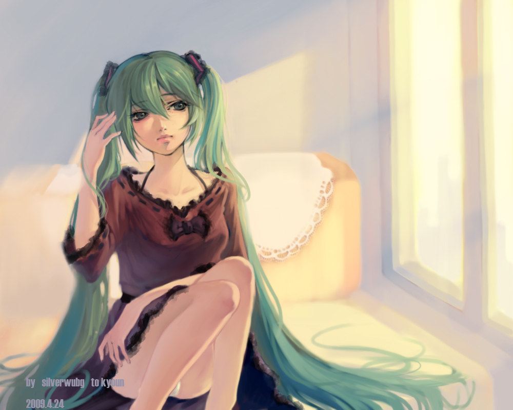silverwing, hatsune miku, vocaloid, bad id, bad pixiv id, dress, green eyes, green hair, hair ribbon, long hair, panties, pantyshot, ribbon, sitting, solo, twintails, underwear, very long hair
