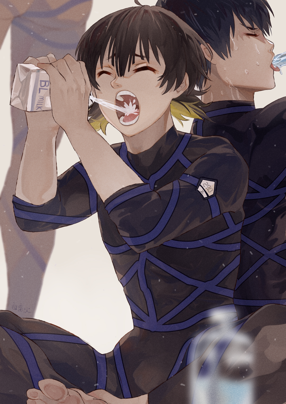 zilaihuoye, bachira meguru, isagi yoichi, blue lock, commentary request, highres, 3boys, ass, black hair, blonde hair, blue lock bodysuit, bottle, holding, holding milk carton, milk carton, multicolored hair, multiple boys, open mouth, sexually suggestive, short hair, sitting, standing, sweat, teeth, tongue, two-tone hair, water bottle