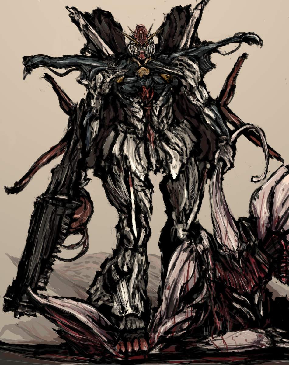 moto murabito, qubeley, zz gundam, gundam, gundam zz, highres, traditional media, full body, male focus, mecha, robot, solo, standing