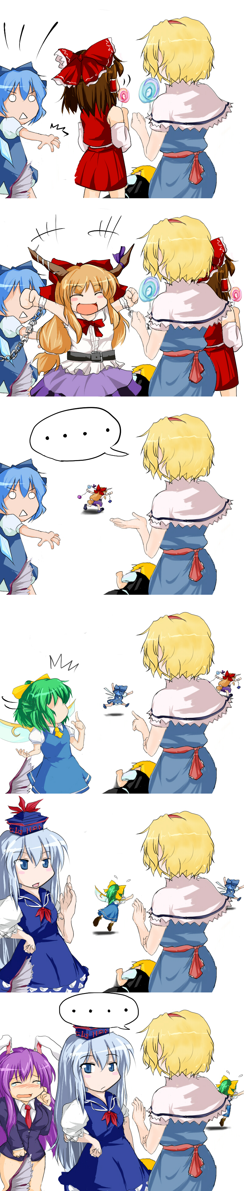 beegle, alice margatroid, cirno, daiyousei, hakurei reimu, ibuki suika, kamishirasawa keine, mystia lorelei, reisen udongein inaba, rumia, touhou, absurdres, highres, long image, tall image, 6+girls, :<, blonde hair, candy, censored, convenient censoring, food, lollipop, multiple girls, o o, red eyes, swirl lollipop