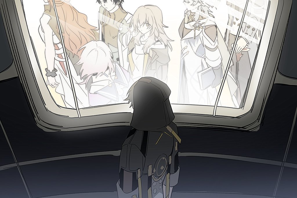 salmonntan, caelus (honkai: star rail), dan heng (honkai: star rail), dan heng (hunt) (honkai: star rail), himeko (honkai: star rail), march 7th (honkai: star rail), march 7th (preservation) (honkai: star rail), stelle (honkai: star rail), sunday (honkai: star rail), trailblazer (honkai: star rail), welt yang, honkai: star rail, honkai (series), 3girls, 4boys, astral express (honkai: star rail), book, cane, expressionless, grey hair, holding, holding cane, hood, hood up, long hair, long sleeves, looking at another, looking outside, multiple boys, multiple girls, orange hair, pink hair, train, walking, window