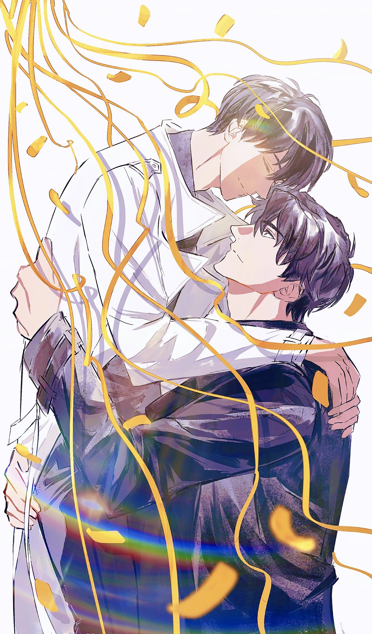 kim dokja, yoo joonghyuk, omniscient reader's viewpoint, highres, 2boys, 8d2suga9, black coat, black eyes, black hair, closed eyes, coat, confetti, feet out of frame, forehead-to-forehead, from side, hand on another's ass, hand on another's back, heads together, hug, lens flare, lifting person, male focus, multiple boys, open clothes, open coat, popped collar, rainbow, short hair, smile, streamers, white coat, yaoi
