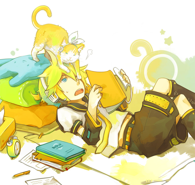 glider (guraida), guraida, kagamine len, kagamine rin, vocaloid, 1boy, :3, alarm clock, animalization, blonde hair, blue eyes, book, brother and sister, cat, clock, crossed legs, hair ribbon, headphones, headset, lying, male focus, necktie, pen, ponytail, ribbon, siblings, solo, sweat, twins, yellow necktie