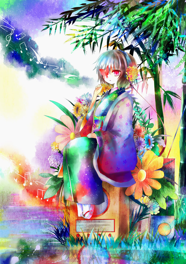 kazu (muchuukai), original, bad id, bad pixiv id, bug, butterfly, colorful, geta, headphones, insect, japanese clothes, kimono, musical note, pink eyes, short hair, solo, speaker, tabi, white hair