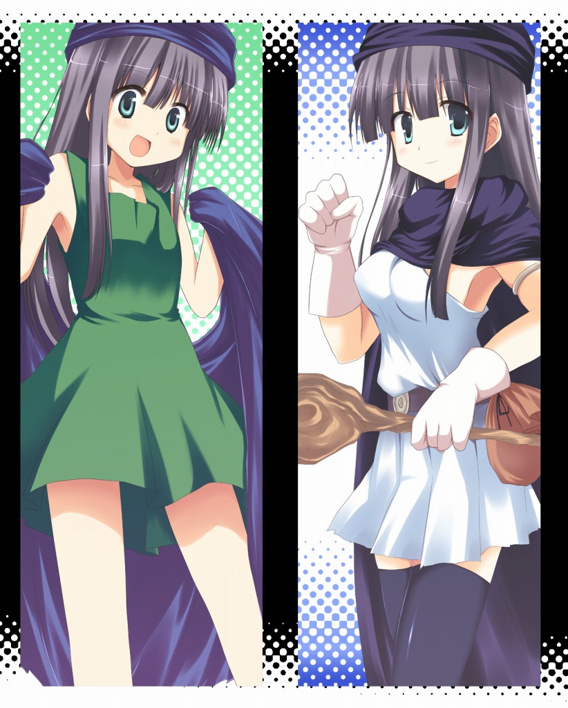 akane souichi, hero (dq5), dragon quest, dragon quest v, bad id, bad pixiv id, 1girl, aged down, black hair, blunt bangs, cape, child, genderswap, genderswap (mtf), hime cut, staff, thighhighs