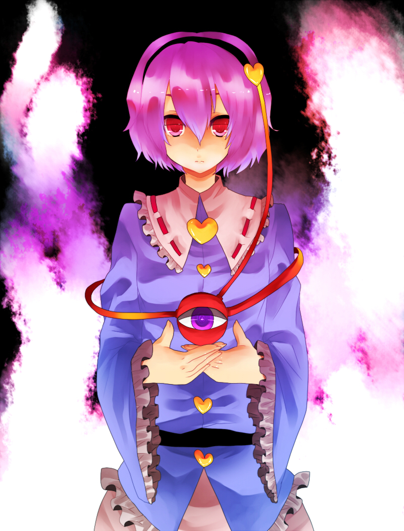 yutazou, komeiji satori, touhou, bad id, bad pixiv id, 1girl, female focus, hairband, heart, pink eyes, pink hair, ribbon, short hair, solo, standing