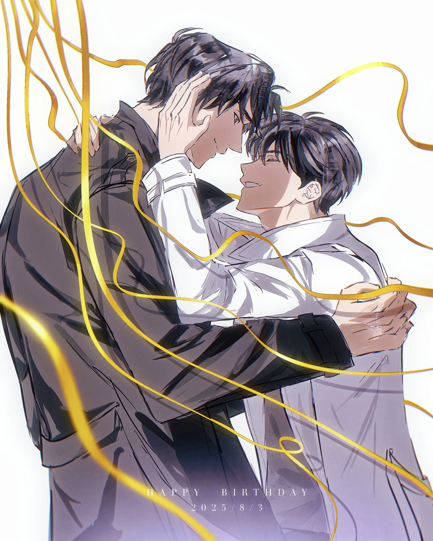 kim dokja, yoo joonghyuk, omniscient reader's viewpoint, highres, 2boys, 8d2suga9, black coat, black eyes, black hair, coat, cowboy shot, curtained hair, english text, hand on another's back, hand on another's face, happy birthday, looking at another, male focus, multiple boys, open clothes, open coat, popped collar, short hair, streamers, white coat, yaoi