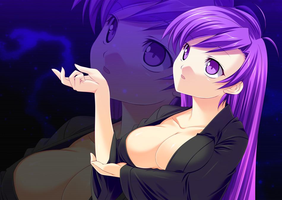 kinoshita ichi, original, breast hold, 1girl, breasts, cleavage, coat, collarbone, female focus, fingernails, large breasts, long fingernails, long hair, looking up, parted lips, purple eyes, purple hair, shiny skin, solo, upper body, zoom layer