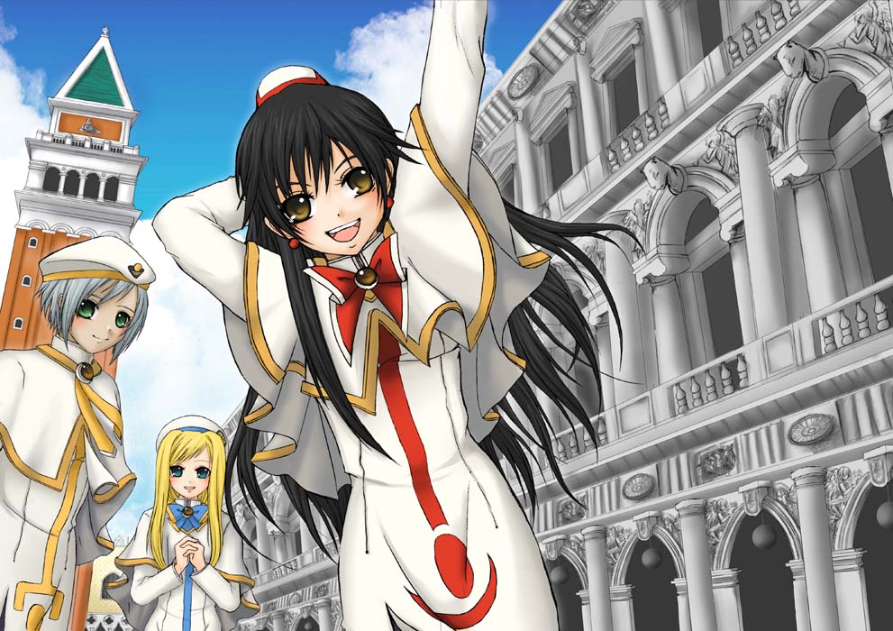 kyoko hk, akira ferrari, alicia florence, athena glory, aria (manga), 00s, 3girls, :d, arch, arm up, black hair, blue sky, brown eyes, building, cloud, day, high collar, looking at viewer, multiple girls, open mouth, outdoors, pantyhose, sky, smile, tower, venice