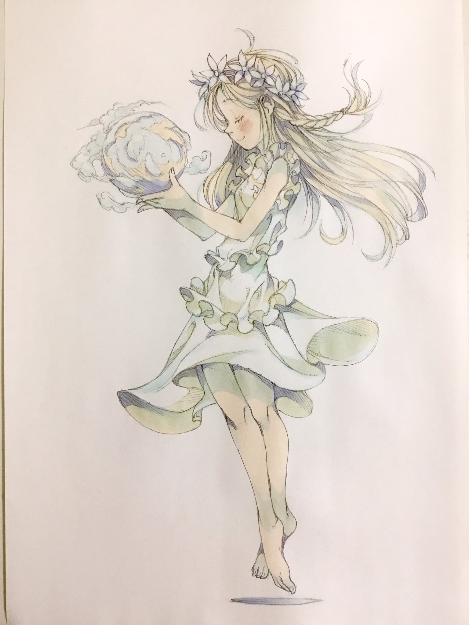 peter salt, original, commentary, highres, traditional media, 1girl, barefoot, blonde hair, braid, closed eyes, closed mouth, cloud, dress, floating, floating hair, flower, frilled dress, frills, from side, full body, head wreath, holding planet, long hair, planet, side braid, single braid, sleeveless, sleeveless dress, smile, solo, white background, white dress, white flower