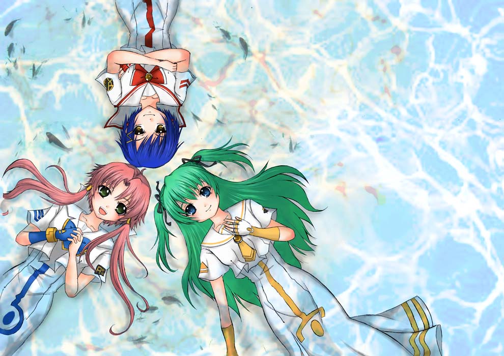 kyoko hk, aika granzchesta, alice carroll, mizunashi akari, aria (manga), 00s, 3girls, blouse, blue eyes, blue hair, circle formation, crossed arms, fingerless gloves, fish, from above, gloves, green eyes, green hair, hair ornament, hairclip, hands on own chest, long hair, looking at viewer, lying, multiple girls, own hands clasped, own hands together, pink hair, shirt, short hair, short sleeves, single glove, skirt, smile, two side up, very long hair, water, white shirt