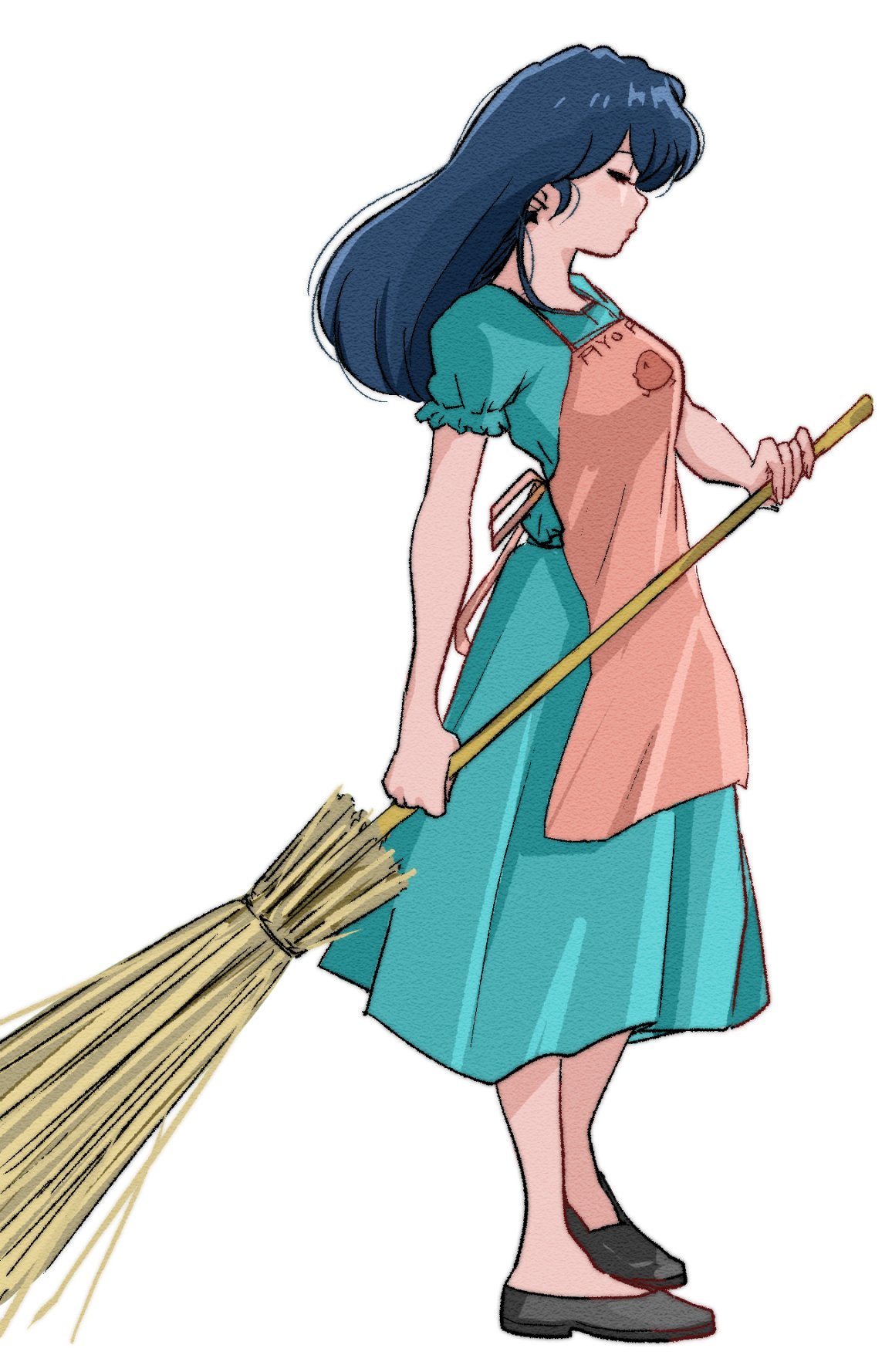 poppowerhearts, otonashi kyouko, maison ikkoku, highres, black hair, black shoes, blue dress, breasts, broom, chick print, closed eyes, dress, holding, holding broom, long hair, long skirt, medium breasts, piyo piyo apron, puffy short sleeves, puffy sleeves, shoes, short sleeves, skirt