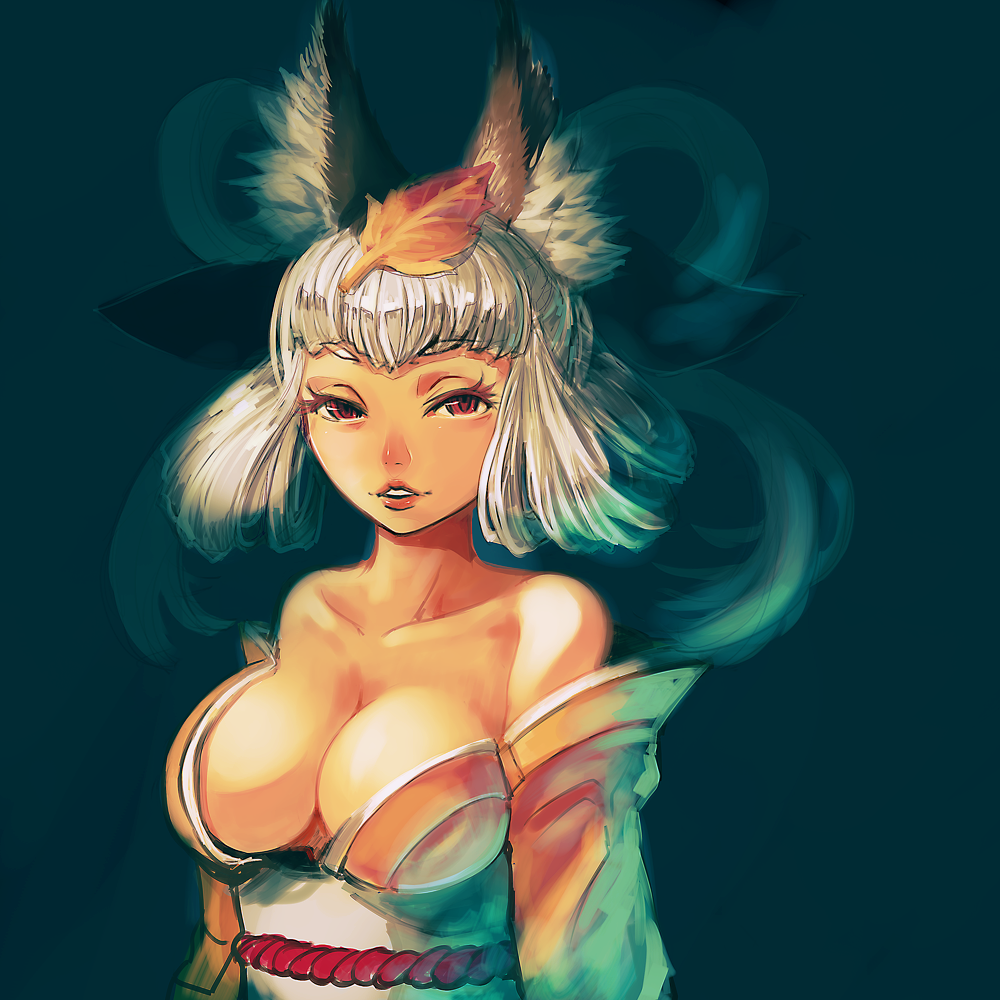 kansou samehada, inari, kongiku, oboro muramasa, bad id, bad pixiv id, 1girl, animal ears, bare shoulders, breasts, cleavage, collarbone, eyelashes, female focus, fox ears, grey hair, hair up, japanese clothes, kimono, kitsune, large breasts, leaf, leaf on head, lips, long hair, naughty face, no bra, object on head, off shoulder, red eyes, smile, solo, white hair, yukata