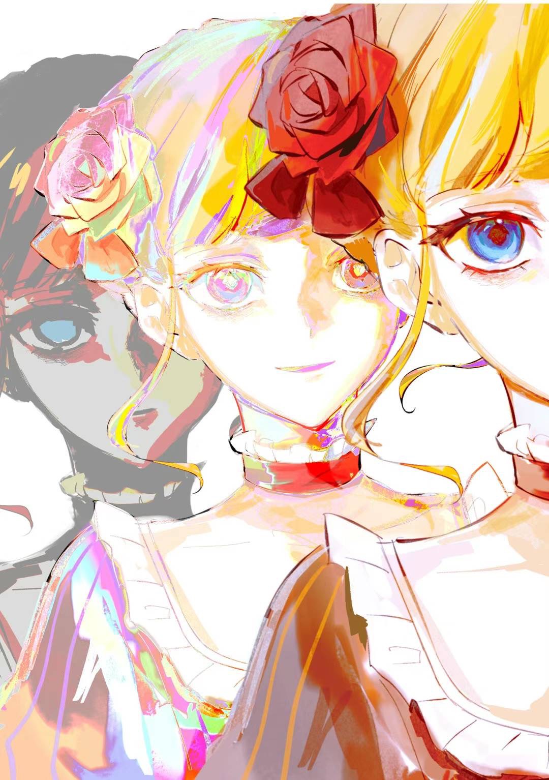 hiko (nekobako on), beatrice (umineko), umineko no naku koro ni, highres, 1girl, blonde hair, blue eyes, blunt bangs, brown dress, choker, collarbone, colorful, dress, empty eyes, flower, frilled choker, frilled dress, frills, frown, hair flower, hair ornament, looking ahead, mouth out of frame, multiple views, portrait, red choker, red flower, red rose, rose, sidelocks, smile