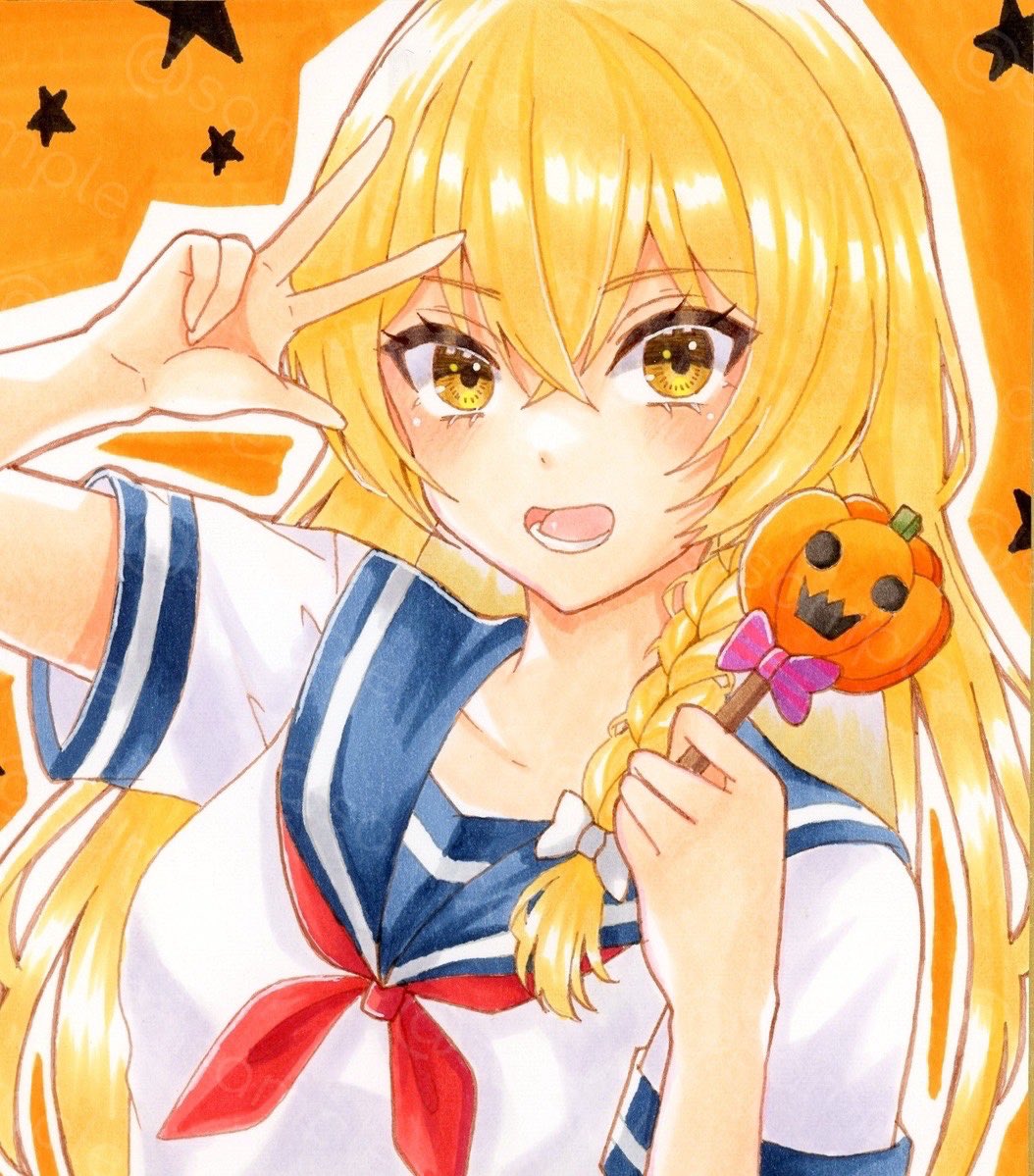 kapibaradon0405, kirisame marisa, touhou, commentary request, traditional media, 1girl, alternate costume, blonde hair, blue sailor collar, bow, braid, breasts, candy, food, hair bow, holding, holding candy, holding food, holding lollipop, lollipop, long hair, looking at viewer, neckerchief, no headwear, open mouth, red neckerchief, sailor collar, sailor shirt, sample watermark, school uniform, shirt, short sleeves, side braid, single braid, smile, solo, w, watermark, white bow, white shirt, yellow eyes