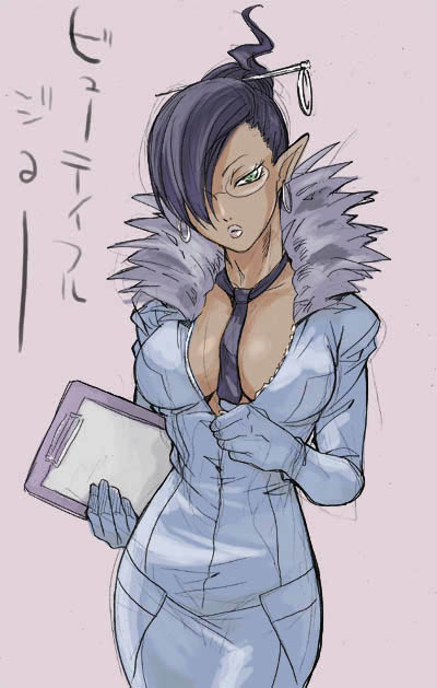 sprocket (viewtiful joe), capcom, viewtiful joe, jpeg artifacts, 00s, 1girl, black hair, breasts, cleavage, clipboard, dark-skinned female, dark skin, earrings, female focus, glasses, green eyes, hair over one eye, jewelry, necktie, pointy ears, sketch, solo